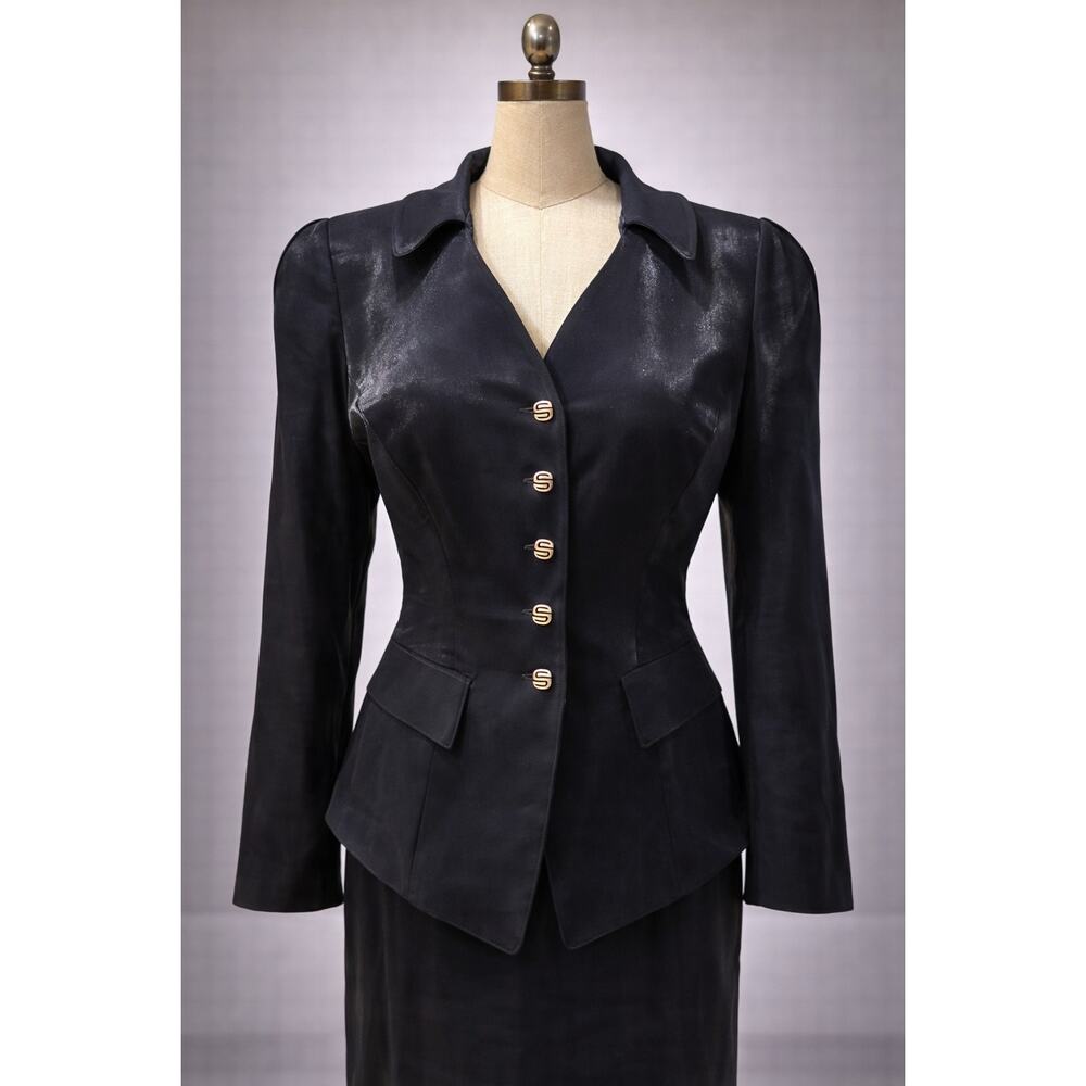 Lavantino Black Skirt Suit Set Gold Button Blazer Officecore Women's Size 10